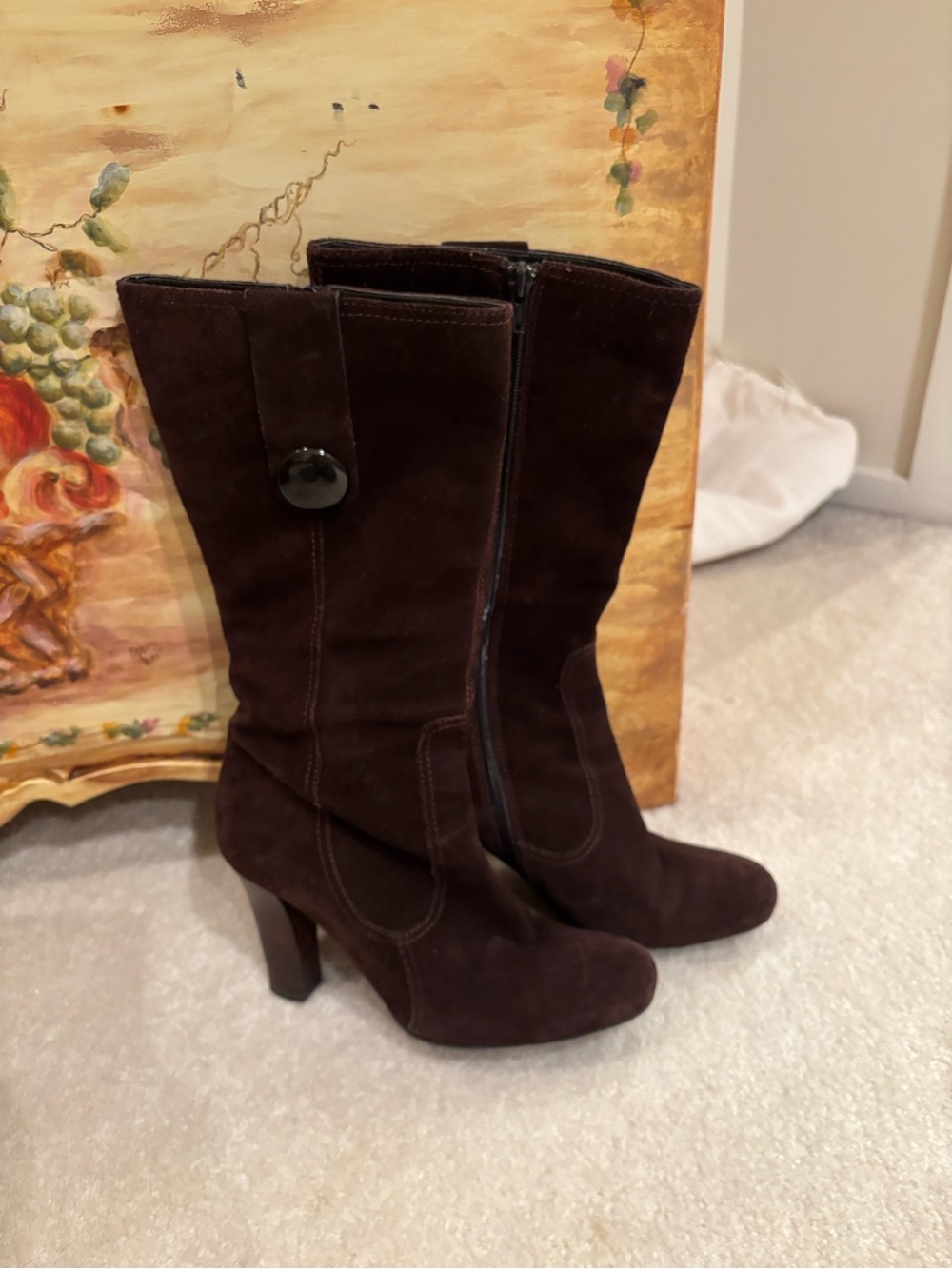 Franco Sarto Dark Brown Suede Mid-Calf Heeled Boots